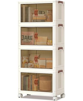 4-Tier Foldable Storage Cabinet, Plastic Organizer with Magnetic Doors & Wheels for Home Use, White