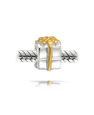 Two Tone Ribbon Bow Gift Box Birthday Present Charm Bead Gold Plated .925 Sterling Silver Fit European Bracelet