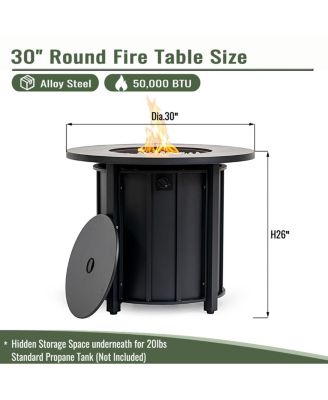 30 Inch Propane Gas Fire Pit Table 50000 BTU Round Steel with Wood Grain Ceramic Tabletop Black for Outdoor Patio Garden