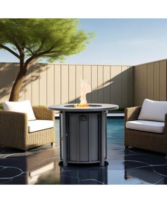 30 Inch Propane Gas Fire Pit Table 50000 BTU Round Steel with Wood Grain Ceramic Tabletop Black for Outdoor Patio Garden