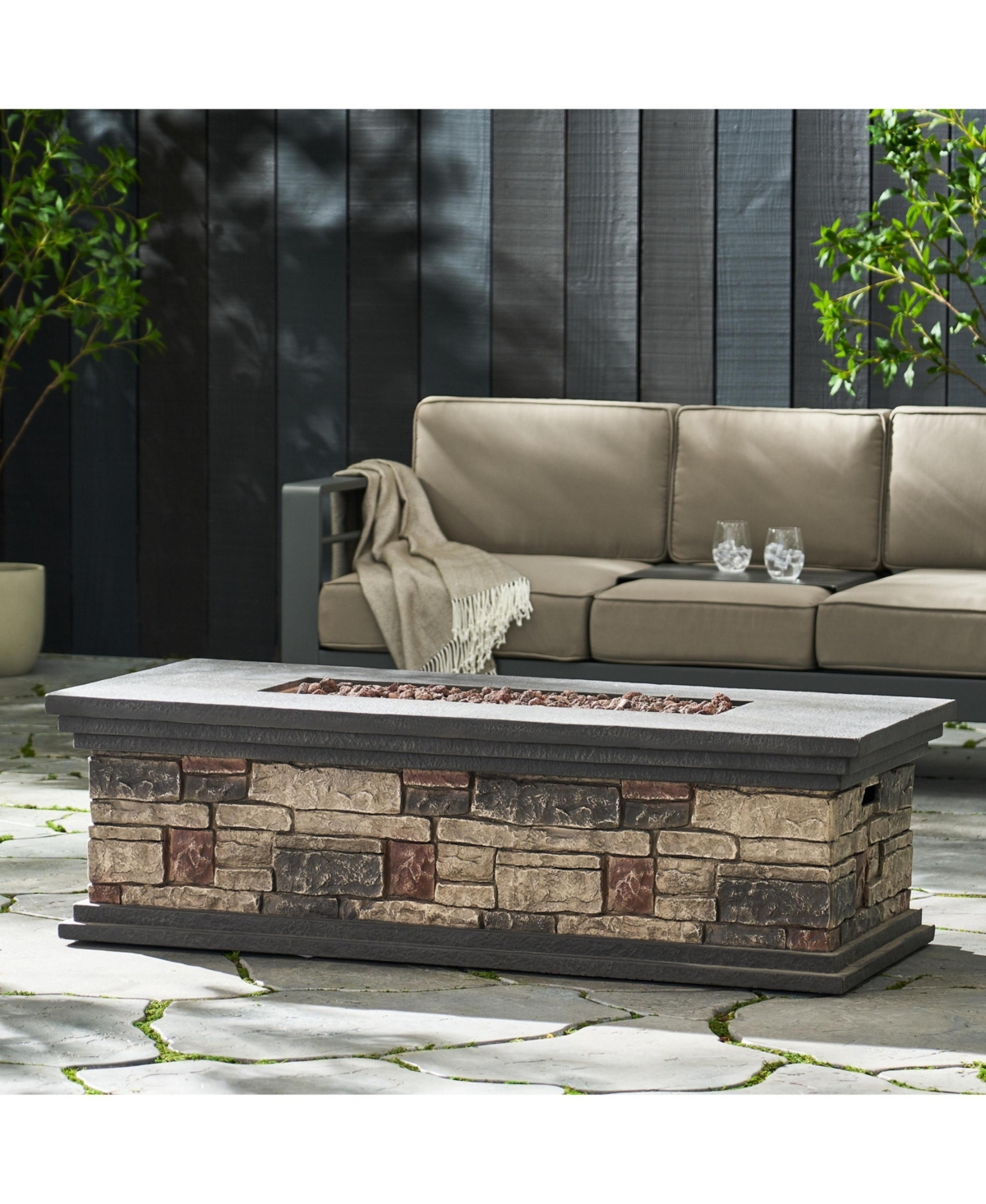 Fire Pits & Outdoor Heaters Rectangle Mgo Fire Pit 50000 Btu 56.25W x26D x17.25H Lightweight Concrete Faux Stone Propane Only