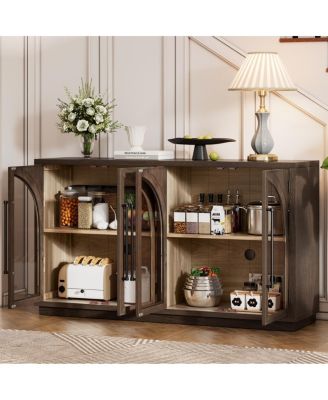 Espresso 4-Door Large Storage Sideboard Buffet Cabinet with Glass Doors