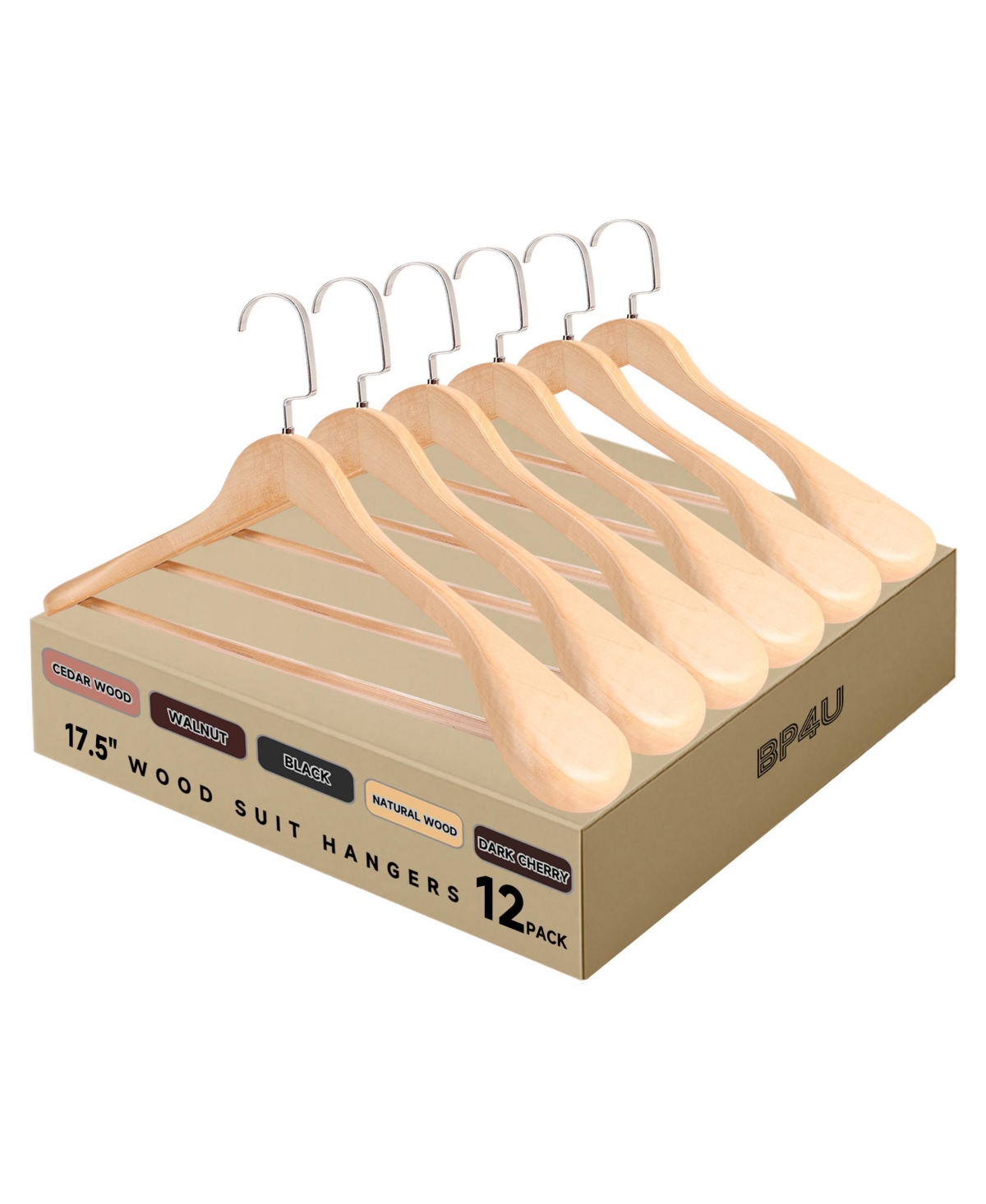 BP4U Wooden Suit Hangers with Pants Bar for Men's Clothes, 17.5-Inch Wide Shoulder Solid Wood Coat Hangers for Jackets, Shirts, Trousers - Natural woo