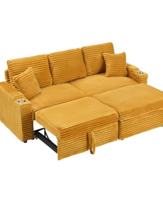 80 Inch Corduroy Sleeper Sofa Bed with Storage Ottoman, Pull-Out Convertible Couch for Living Room or Guest Room