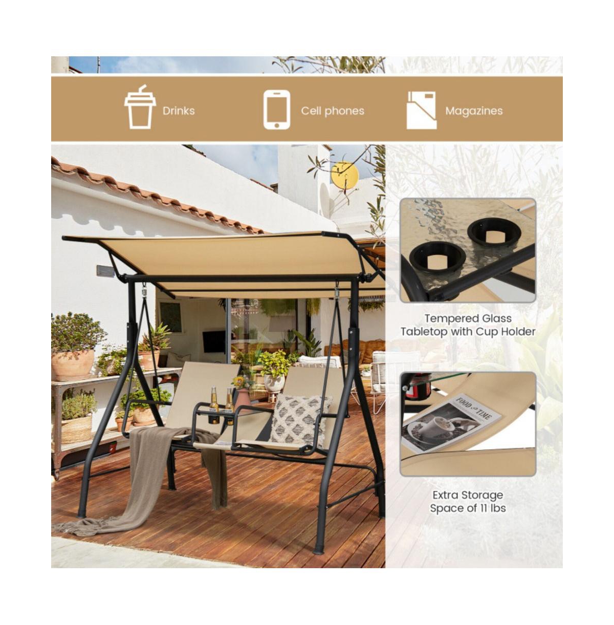 2-Seat Outdoor Cushioned Porch Swing with Adjustable Canopy and Tempered Glass Table