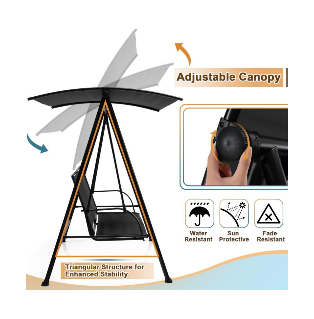 2-Seat Outdoor Canopy Swing with Comfortable Fabric Seat and Heavy-duty Metal Frame