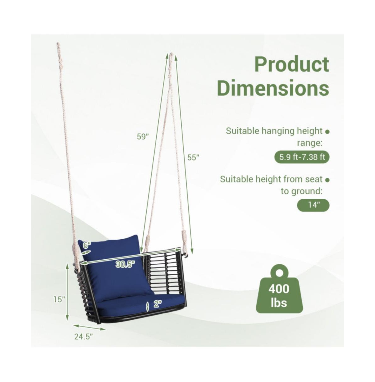 Porch Swing Patio Hanging Rattan Chair with Zippered Cushions and Rope