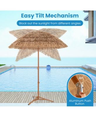 6.5 Feet Thatched Tiki Umbrella with Foldable Stand Push Button Tilt