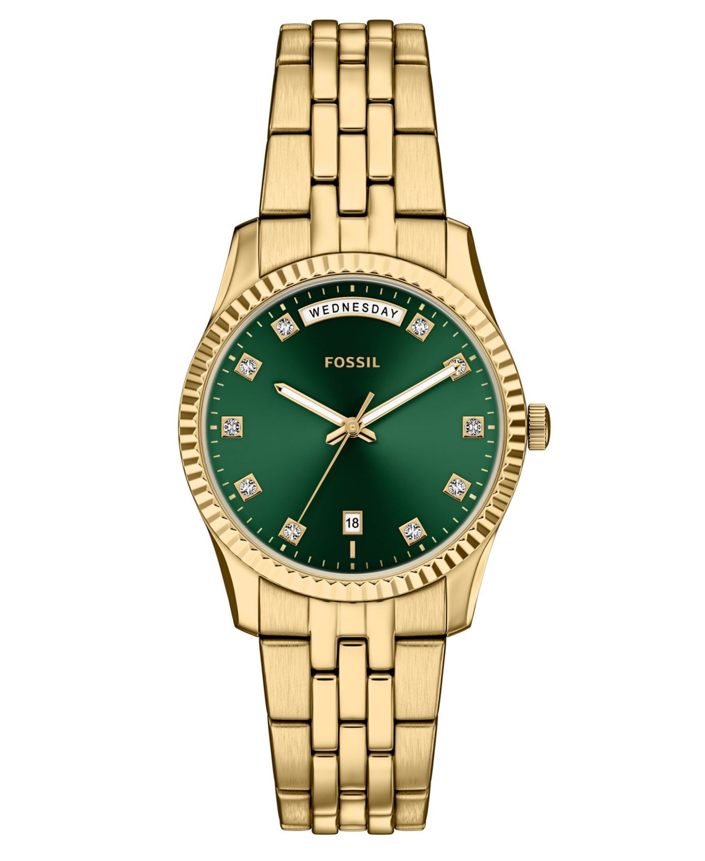 Женские часы Fossil Scarlette Three-Hand Day-Date Gold-Tone Stainless Steel Watch, 34mm — фото 1