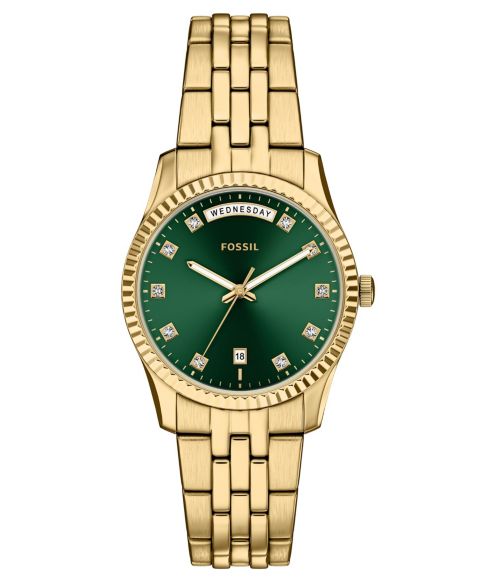 Женские часы Fossil Scarlette Three-Hand Day-Date Gold-Tone Stainless Steel Watch, 34mm