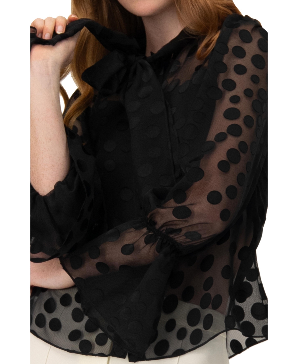 Ivonne Women's Polka Dot See Though Blouse with Tie Neck