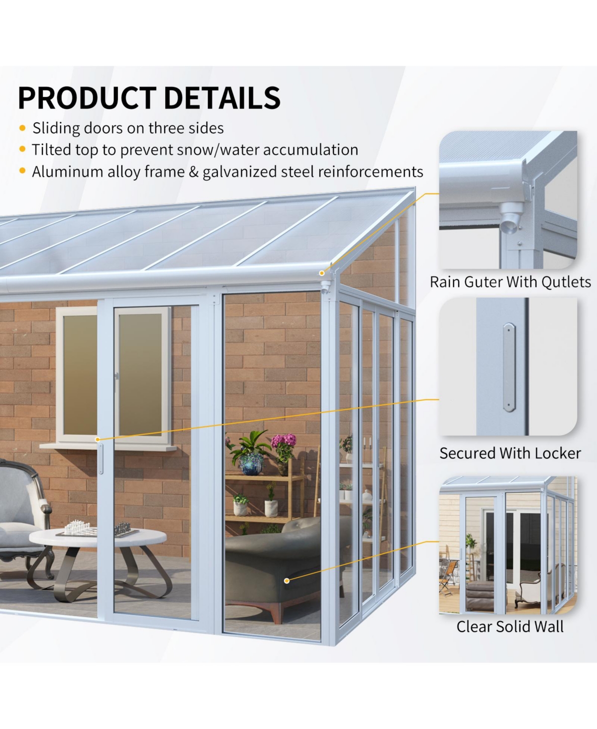 Mondawe 10x14ft Patio Cover Sunroom with Aluminum Frame, Polycarbonate Roof and Sliding Doors