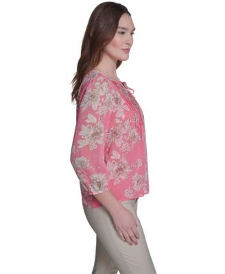 Women's Floral Pintuck V-Neck Blouse