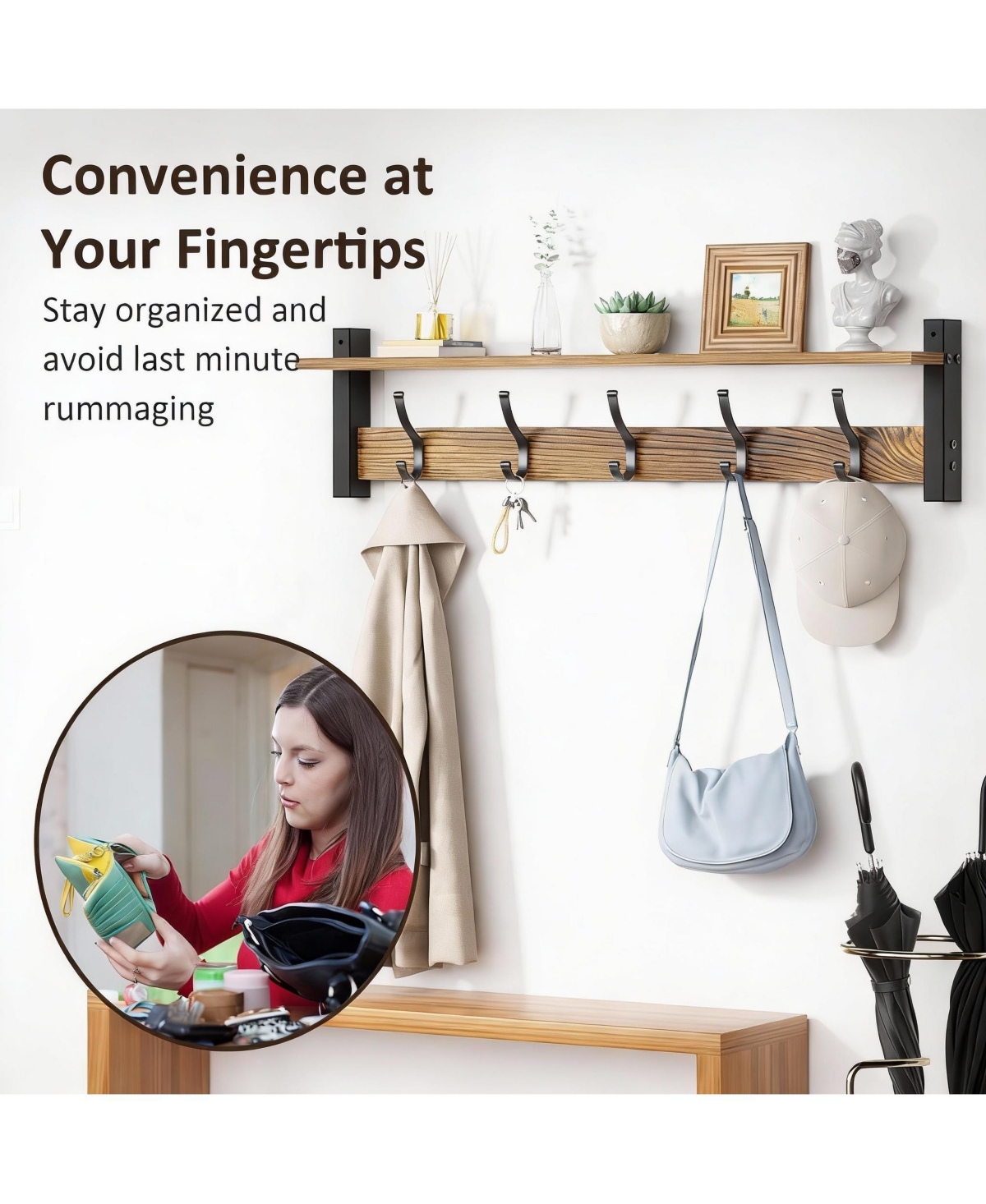 Yigii 5-Hook Wall Rack with Shelf, Vintage Brown, Space-Saving, Easy Diy