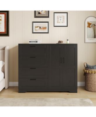 Multifunctional Wooden Dresser for Bedroom, 43.3 in H 2 Door Wardrobe Armoire Closet with 4 Drawers and Hanging Rod, Low Storage Cabinet