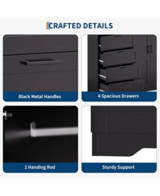 Multifunctional Wooden Dresser for Bedroom, 43.3 in H 2 Door Wardrobe Armoire Closet with 4 Drawers and Hanging Rod, Low Storage Cabinet