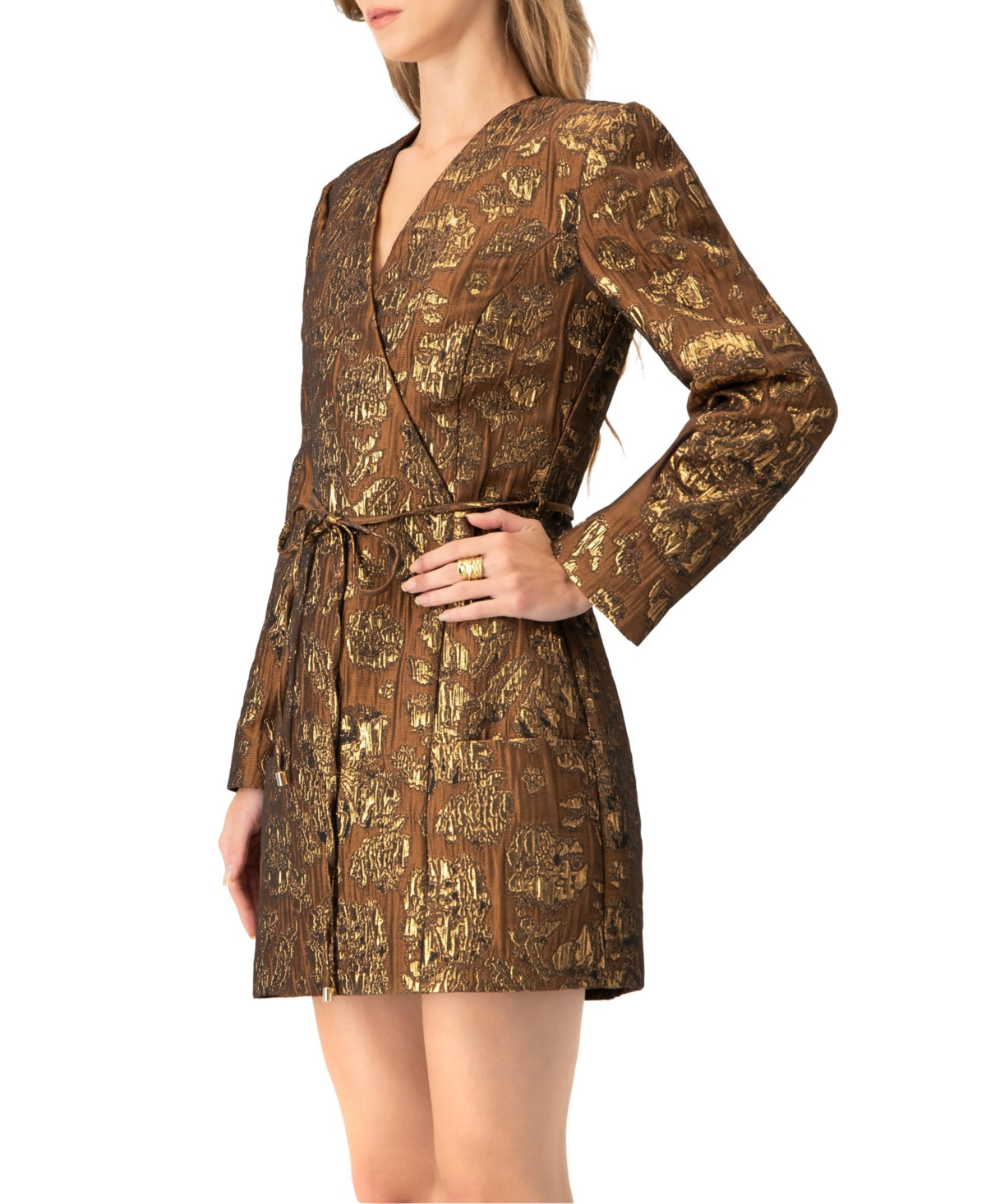 Ivonne Women's Jacquard Short Crossed V-Neck Dress with Pockets