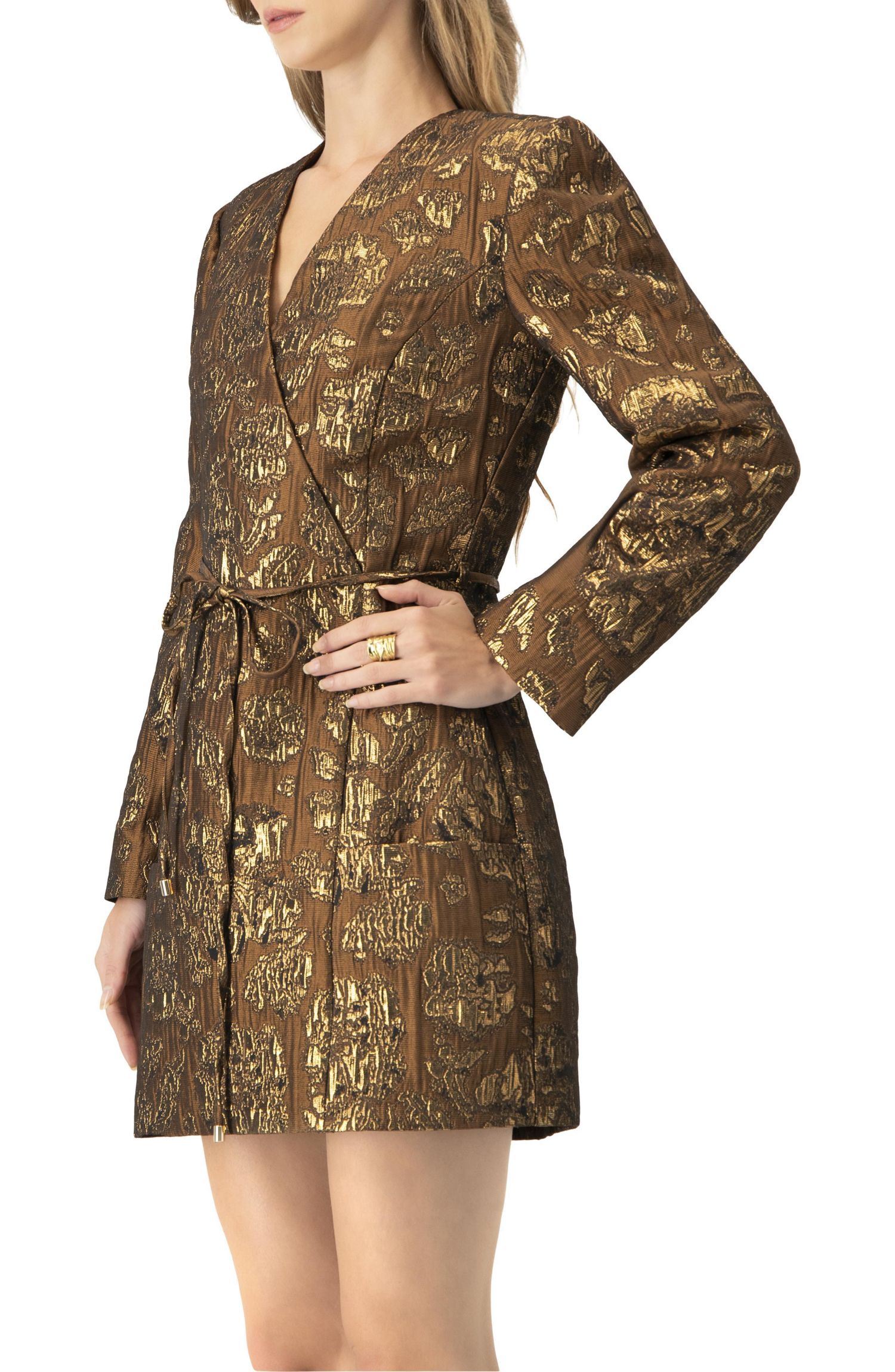 Women's Jacquard Short Crossed V-Neck Dress with Pockets