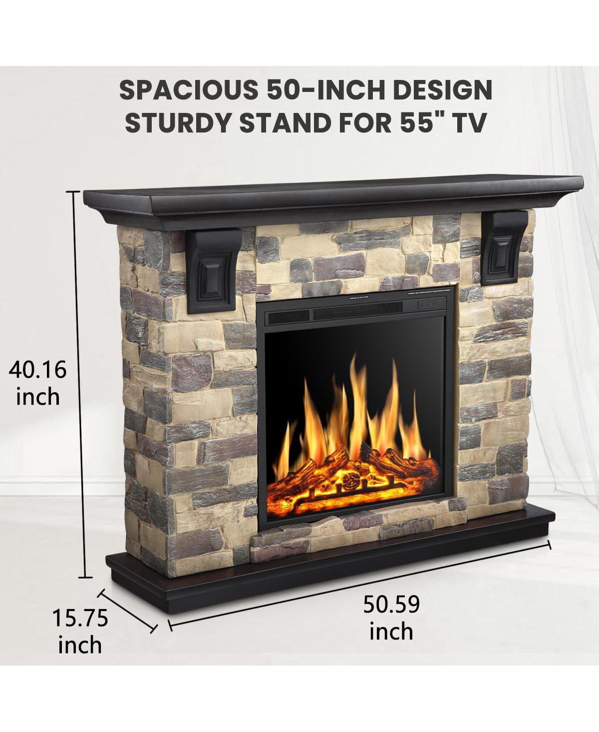 Cowsar 50" Electric Fireplace Tv Stand, Fireplace with Faux Stone-Look Mantel , 750/1500W Dual Heat Settings