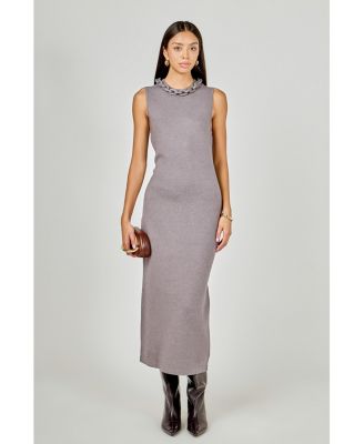 Women's Knitted Chain Detail Sleeveless Midi Dress