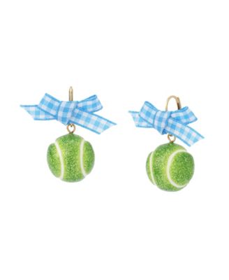 Green Gingham Bow Tennis Ball Drop Earrings