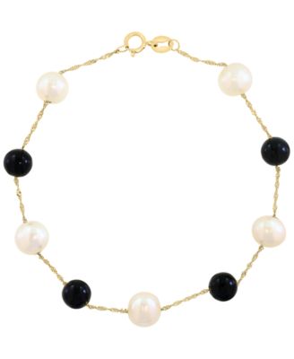 Freshwater Pearl & Onyx Bracelet in 14k Yellow Gold