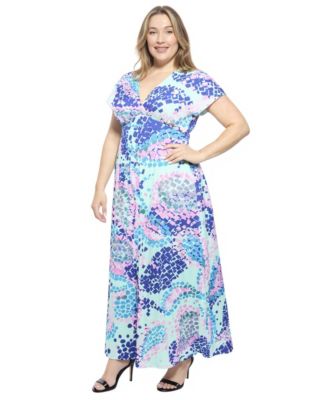 Plus Size Abstract Empire Waist Cap-Sleeve Maxi Dress
