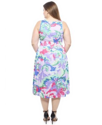 Plus Size Abstract V-Neck Pleated Pocket Midi Dress