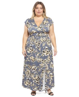 Plus Size Cap-Sleeve Side Slit Pocket Maxi Dress