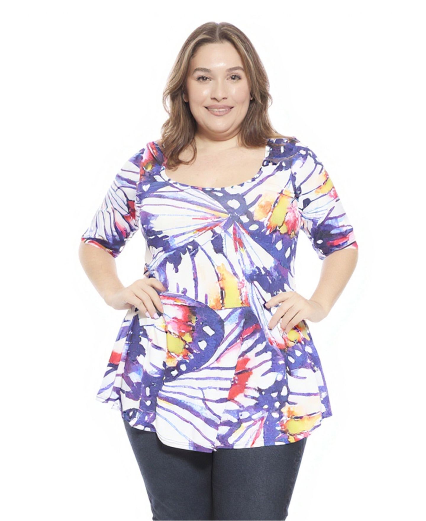 Женский топ 24seven Comfort Apparel Plus Size Butterfly Scoop Neck Elbow Sleeve Tunic Top, цвет: Синий разноцветный — фото 1