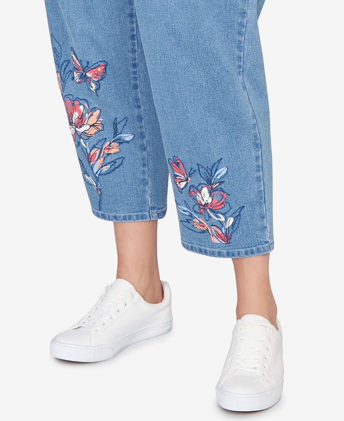 Alfred Dunner Plus Austin Butterfly Floral Printed Super Stretch Denim Ankle Pants