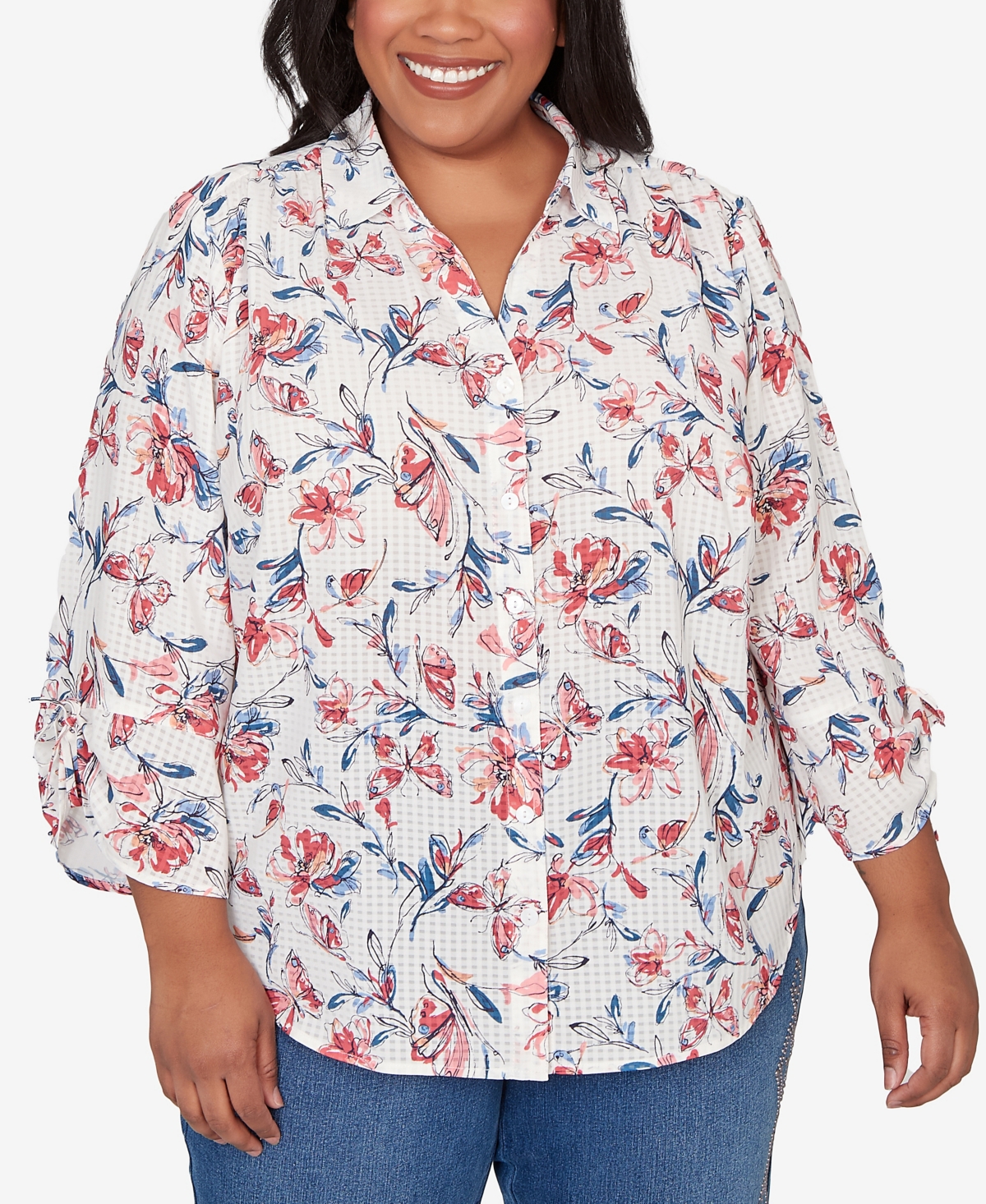 Alfred Dunner Plus Austin Etched Floral Butterfly Button Down Top