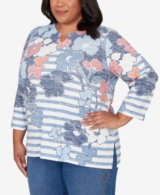 Plus Size Austin Stripe Floral Split Neck Knit Top