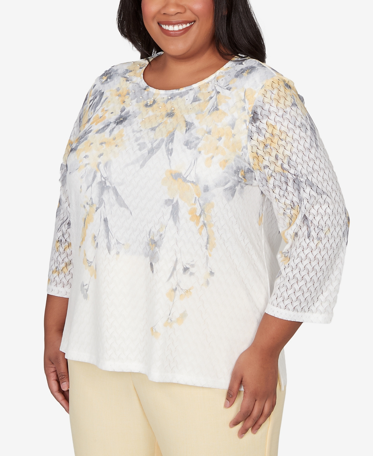 Alfred Dunner Plus Al Fresco Textured Floral Crew Neck Top