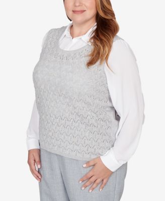 Plus Size Al Fresco Pointelle Mother of Pearl Lace Two In One Sweater