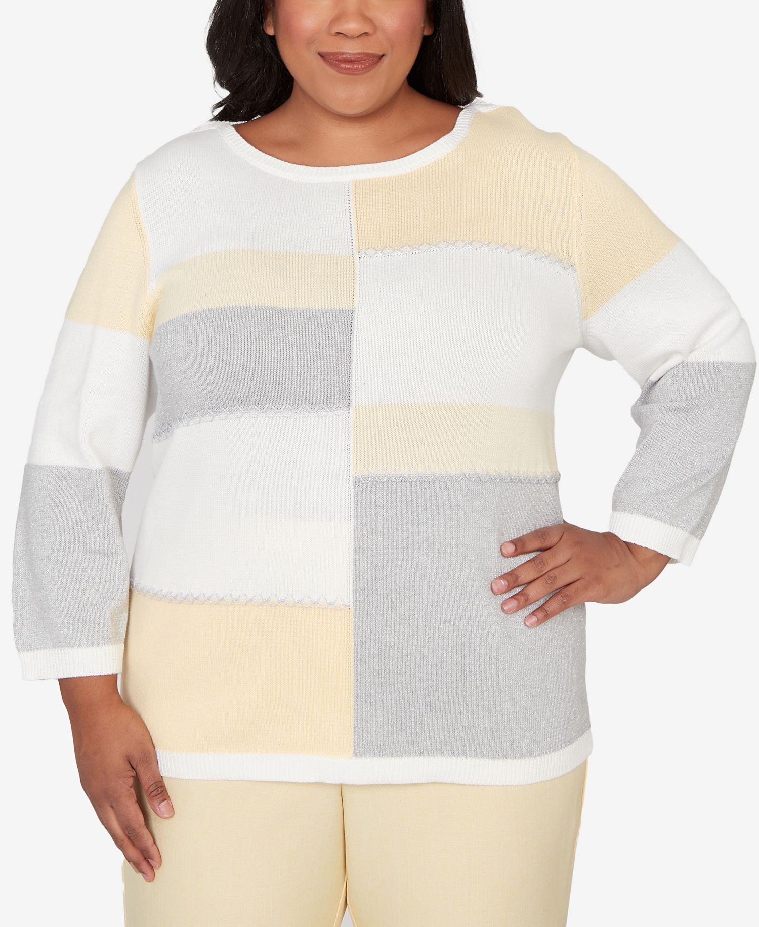 Plus Size Al Fresco Ribbed Colorblock Jewel Neck Sweater