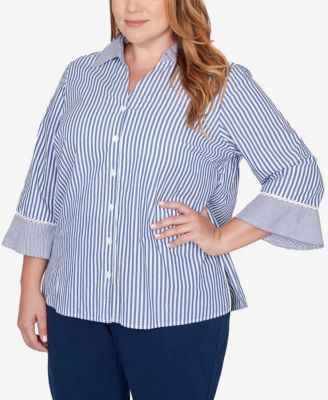Plus Size Mykonos Mixed Stripe Button front closure Lace Trim Top