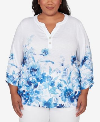 Plus Size Mykonos Watercolor Floral Border Henley Top