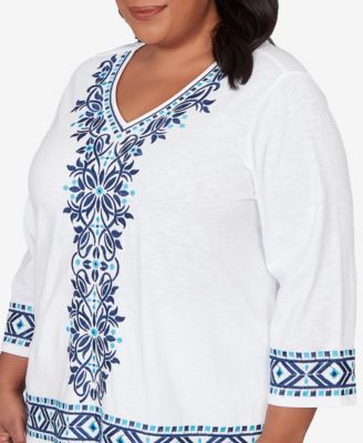 Plus Size Mykonos Scroll Embroidered V Neck Top