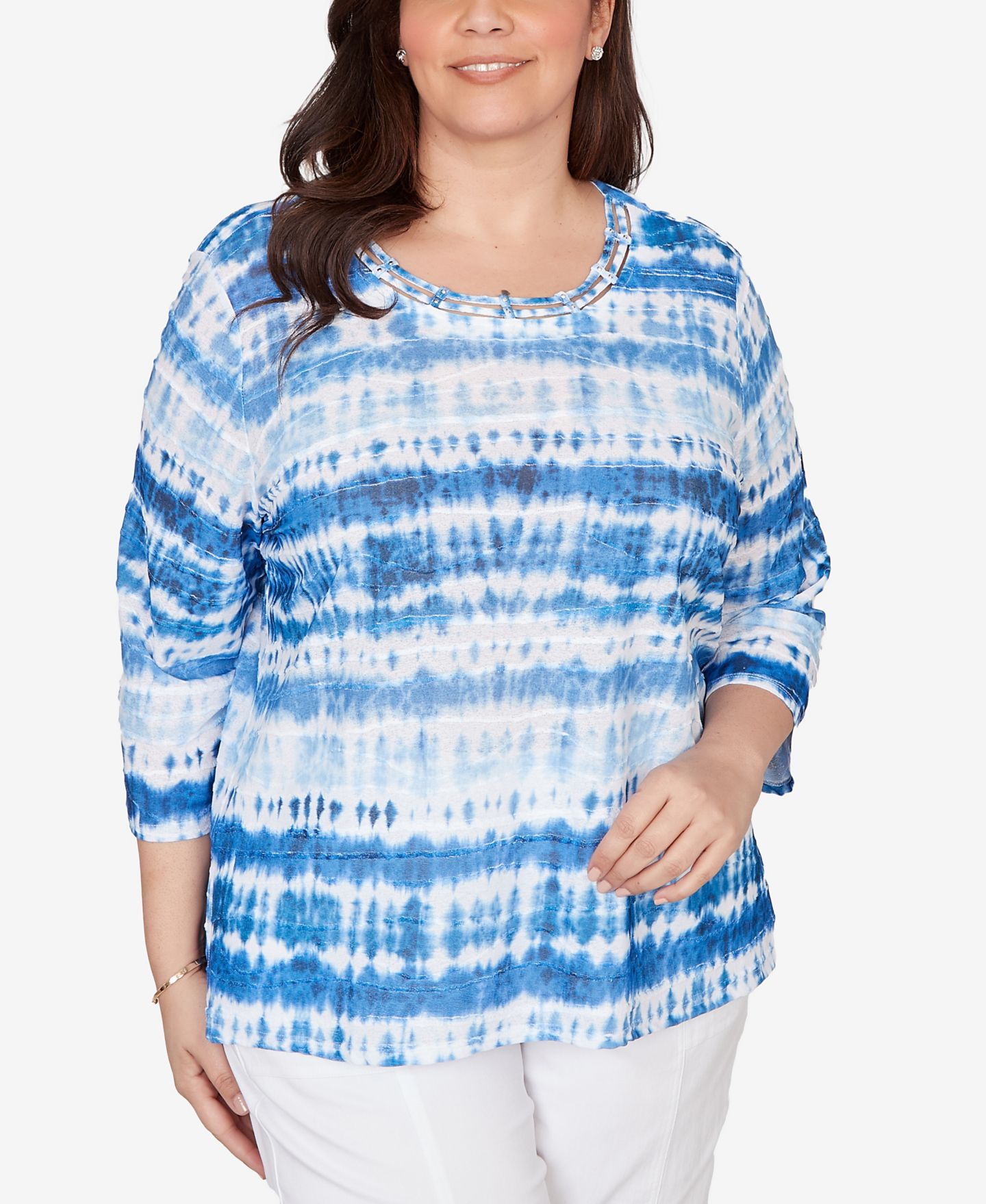 Женский топ Alfred Dunner Plus Size The Royal Treatment Tie Dye Biadere Knotted Crew Neck, цвет: Королевский синий — фото 1