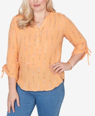 Plus Size Beachcomber Eyelash Gauze Textured Tie Sleeve Henley Top