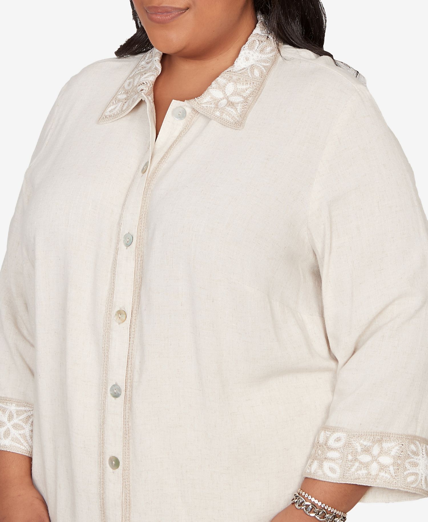Plus Size Natural Wonder Embellished Crochet Trim Linen Jacket