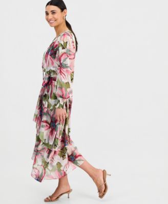 Petite Bubble-Sleeve Tie-Waist Tiered Dress