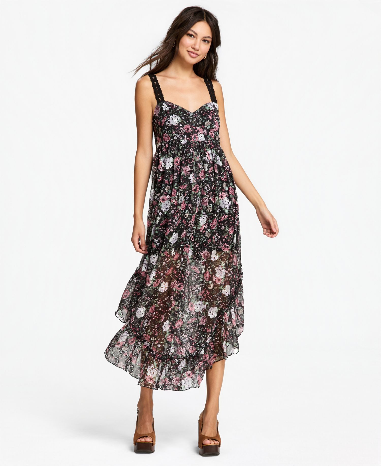 Women's Asymmetrical Chiffon Eyelet Maxi Dress