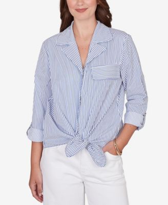 Petite Snap Front Tie Hem Pucker Stripe Top