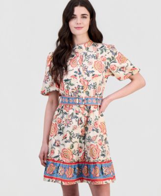Women's Poplin Short-Sleeve Belted Border-Print Mini Dress