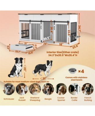71" Double Dog Crate Furniture with Walnut Top, 3 Drawers, Outlet & Feeders
