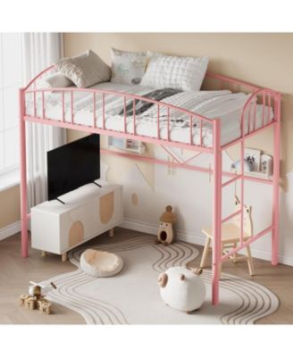Loft Bed Twin Size, Heavy Duty Metal Loft Bed Frame with Arched Guardrail and Safety Ladder, Space-Saving, No Box Spring Needed