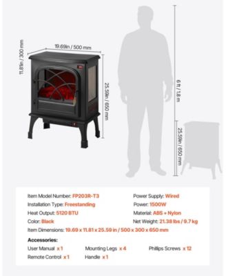 Freestanding Electric Fireplace Stove Heater 1500W with Remote