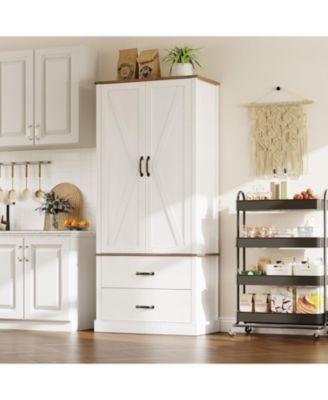 Kitchen Pantry Cabinet with 2 Drawers, Farmhouse Tall Storage Cabinet, Wood Food Pantry with Barn Doors and Adjustable Shelves Versatile